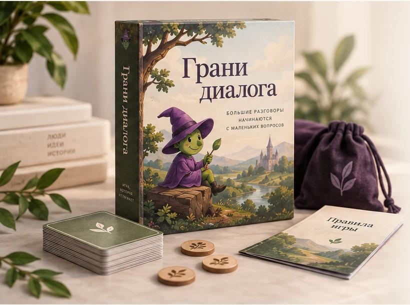 Физическая версия настольной игры «Грани диалога»: коробка, карточки и игровые компоненты